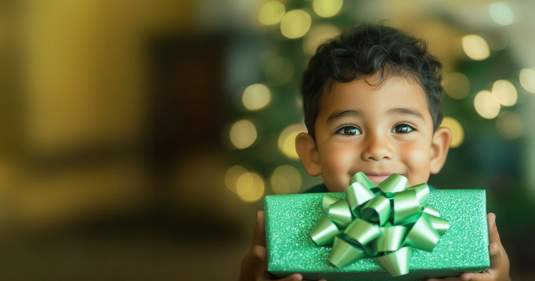 niño  sosteniendo un regalo muy feliz