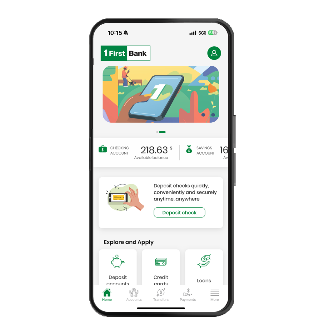 Phone with image of the digital banking app homepage