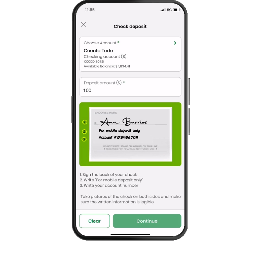 Phone with image of the digital banking check deposit instructions