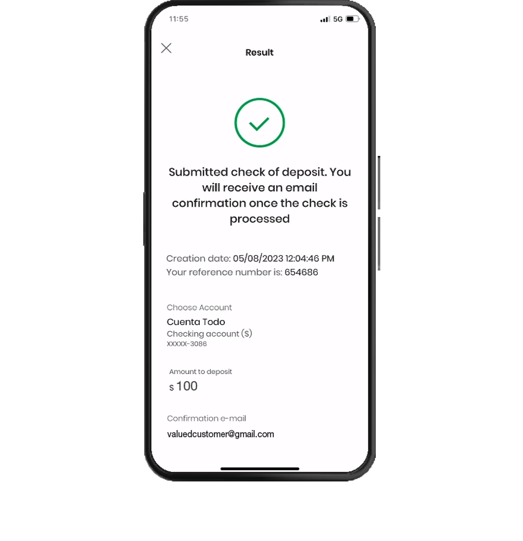 Phone with image of the digital banking app check submittal summary
