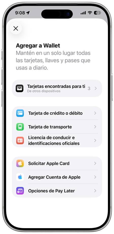 Pasos de como agregar la tarjeta desde el Apple Wallet