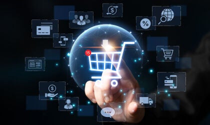 Digital Commerce representation. Includes a shopping cart, card payment, physical payments, and delivery services.