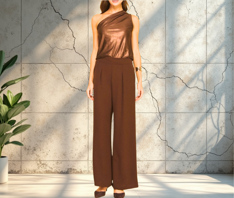 conjunto elegante en tono marrón con blusa asimétrica y pantalón ancho.