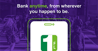 The image is a promotional graphic for mobile banking, featuring a smartphone with a banking app icon and the text “Bank anytime, from wherever you happen to be” set against a purple background with a city street scene. It highlights the convenience of banking on-the-go.