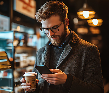 Young professional paying for a coffee with a digital wallet, depicting everyday use of modern finance, Wallet coffee payment, Daily digital finance