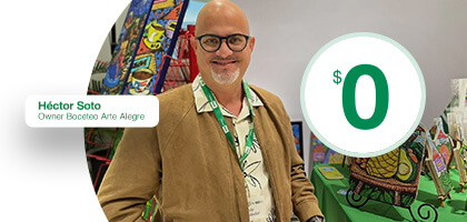 Promotional banner showing a person standing in front of colorful artwork. A label displays the name “Héctor Soto” and a circular graphic with the number “0” appears on the right side.