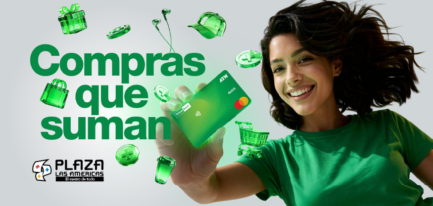 Mujer con tarjeta de debito FirstBank y iconos de compras y  premios